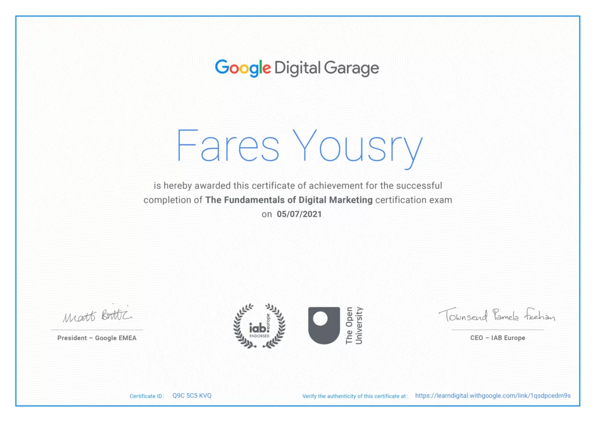 Fares Yousry Google Digital Marketing Fundmentals certificate